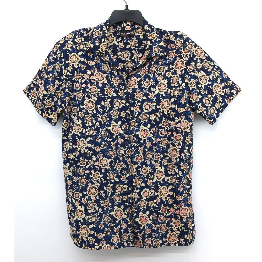 Notations Shirt Women Size 8 Blue Floral Short Sleeve Collared Button Up Top